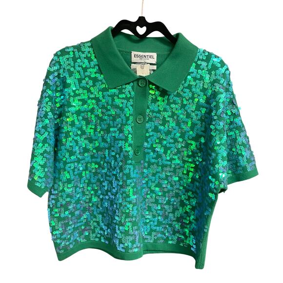 NWT Essentiel Antwerp Sequin Glitz Polo Top Short Sleeve Hulk Green Womens XS - Picture 2 of 11